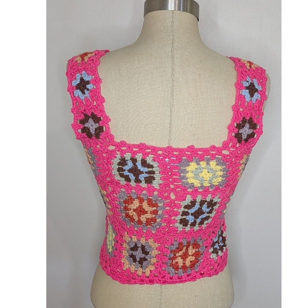 Cherry Pink Crochet Granny Square Tank Top Small Boho Festival Tassel Knit Cami - Picture 2 of 5